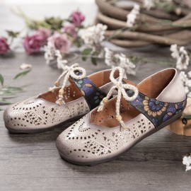 Retro Hollow Floral Soft Sole Knot Round Toe Ankle Strap Flat Shoes