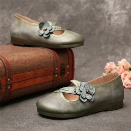 Vintage Handmade Soft Leather Floral Strap Green Slip on Flat Shoes