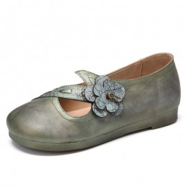Vintage Handmade Soft Leather Floral Strap Green Slip on Flat Shoes