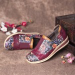 Retro Splicing Small Flowers Genuine Leather Flat Zipper Shoes
