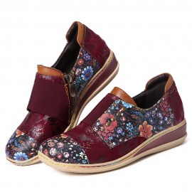 Retro Splicing Small Flowers Genuine Leather Flat Zipper Shoes
