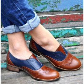 Women Color Splicing Square Heel Round Toe Brogue Oxfords Casual Flats Loafers