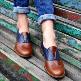Women Color Splicing Square Heel Round Toe Brogue Oxfords Casual Flats Loafers
