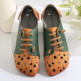 Two Tone Leather Splicing Floral Cut out Elastic Strap Slip-on Soft Flat Shoes