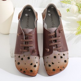 Two Tone Leather Splicing Floral Cut out Elastic Strap Slip-on Soft Flat Shoes