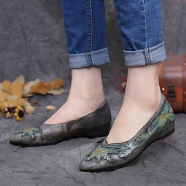 Retro Splicing Vine Comfy Genuine Leather Pointed Toe Slip On Flat Shoes