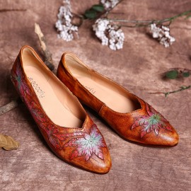 Retro Splicing Vine Comfy Genuine Leather Pointed Toe Slip On Flat Shoes