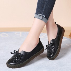 Women's Leather Slip On Solid Color Woven Bowknot Asakuchi Flats Loafers Shoes