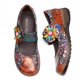 Retro Embossed Flower Splicing Floral Genuine Leather Flat Shoes
