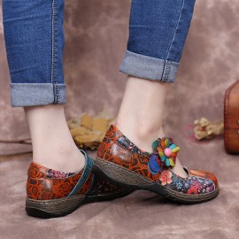 Retro Embossed Flower Splicing Floral Genuine Leather Flat Shoes