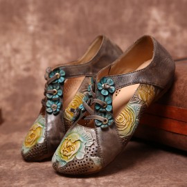 Retro Embossed Flower Splicing Floral Hollow Lace Up Slip On Flat Shoes