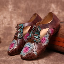 Retro Embossed Flower Splicing Floral Hollow Lace Up Slip On Flat Shoes