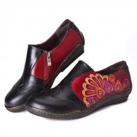 Retro Splicing Flower Pattern Comfy Genuine Leather Side Zipper Casual Flat Shoes