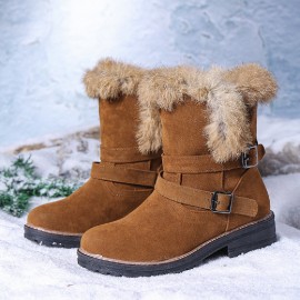 Women Solid Color Round Toe Casual Elegant Buckle Fluff Flanging Snow Boots