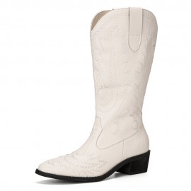 Women Retro Brief Embroidery Leather V-Cut Mid-calf Pull On Casual Martin Knight Boots