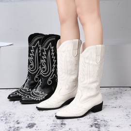 Women Retro Brief Embroidery Leather V-Cut Mid-calf Pull On Casual Martin Knight Boots