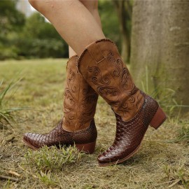 Plus Size Women Embroidered Splicing Chunky Heel Mid Calf Cowboy Boots