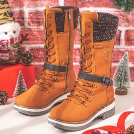 Women Retro Buckle Solid Color Side-zip Casual Knitted Shoe Tube Mid-Calf Snow Boots