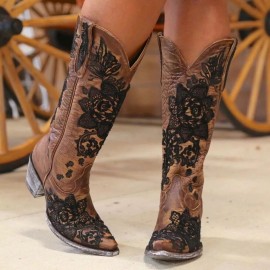 Women Floral Retro Pointy-toe Embroidery Leather V-Cut Chunky Heel Mid-calf Pull On Knight Boots