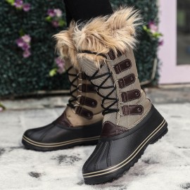 Women Solid Furry Warm Slip Resistant Cross Strap Mid Calf Snow Boots