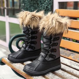 Women Solid Furry Warm Slip Resistant Cross Strap Mid Calf Snow Boots