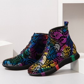 Women Stytish Colorful Graffiti Lace Up Short Calf Combat Boots