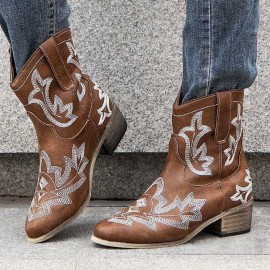 Women Casual Totem Embroidery Winter Warm Pointed Toe Mid-Calf Cowboy Boots