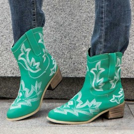 Women Casual Totem Embroidery Winter Warm Pointed Toe Mid-Calf Cowboy Boots