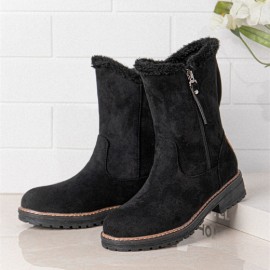 Women Casual Suede Round Toe Side Zipper Flat Snow Boots