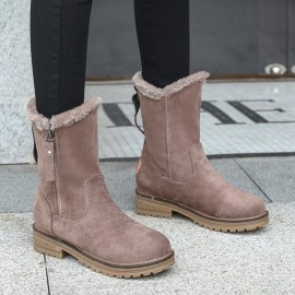 Women Casual Suede Round Toe Side Zipper Flat Snow Boots