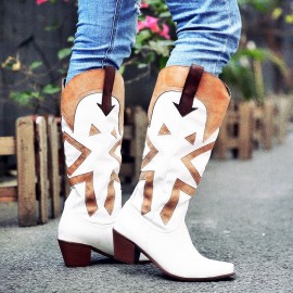 Large Size Women Pointed Toe Splicing High Square Heel Long Cowboy Boots