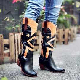 Large Size Women Pointed Toe Splicing High Square Heel Long Cowboy Boots