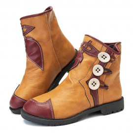 Women PU Leather Leaf Pattern Round Head Wedges Heel Winter Warm Ankle Boots