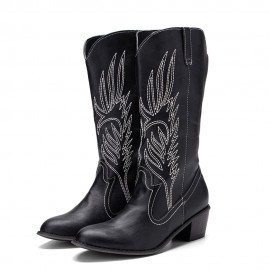 Women Leather Embroidery Pattern Pointy Toe Chunky Heel Trendy Knight Cowboy Boots