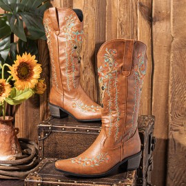 Women Retro Floral Animal Embroidery Leather Pointy-toe V-Cut Chunky Heel Mid-calf Knight Boots
