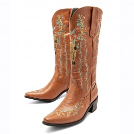 Women Retro Floral Animal Embroidery Leather Pointy-toe V-Cut Chunky Heel Mid-calf Knight Boots