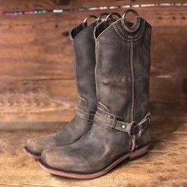 Women Retro Long Square Toe Slip-on Harness Boots