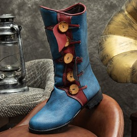 Women PU Leather Round Head Waterproof Non-slip Wear Resistant Mid-calf Boots