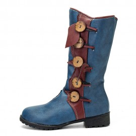 Women PU Leather Round Head Waterproof Non-slip Wear Resistant Mid-calf Boots