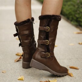 Women Plush Lining Buckle Decor Mid Calf Motorcycle Boots
