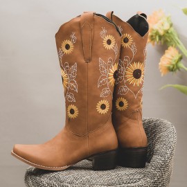 Plus Size Women Retro Sunflower Embroidered Chunky Heel Mid Calf Cowboy Boots