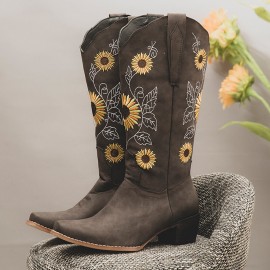 Plus Size Women Retro Sunflower Embroidered Chunky Heel Mid Calf Cowboy Boots