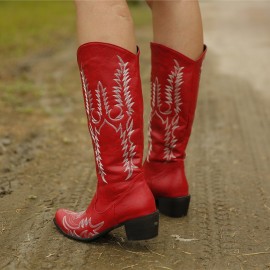 Women Large Size Retro Pointed Toe Embroidered Chunky Heel Cowboy Boots