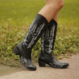 Women Large Size Retro Pointed Toe Embroidered Chunky Heel Cowboy Boots