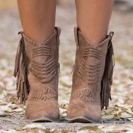 Plus Size Women Tassel Side Zipper Chunky Heel Mid-calf Cowboy Boots