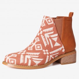 Women Folkways Printing Stitching Casual Block Heel Ankle Boots