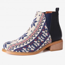 Women Folkways Printing Stitching Casual Block Heel Ankle Boots