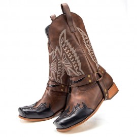 Women Embroidered Splicing Metal Buckle Mid Calf Boots