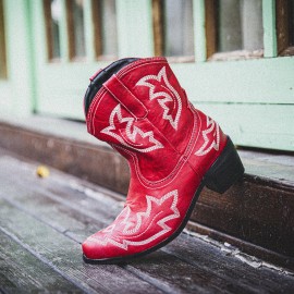Women Folkways Floral Embroidered Chunky Heel Slip-On Short Cowboy Boots