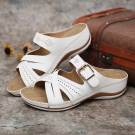 Women Hollow Out Breathable Open Toe Buckle Summer Casual Wedge Sandals